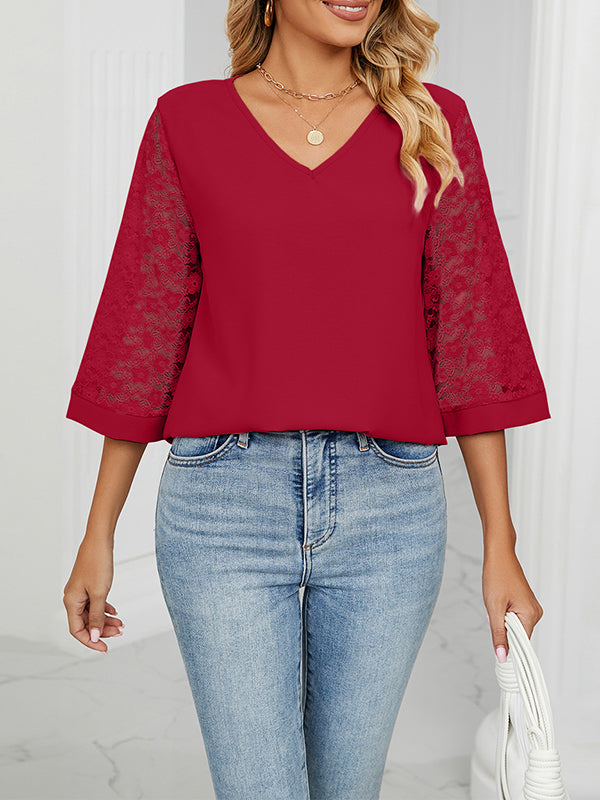 Mesh Solid Color Split-Joint Loose Three-Quarter Sleeves Round-Neck T-Shirts Tops