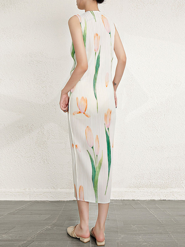 Flower Print Pleated Loose Sleeveless Round-Neck Midi Dresses