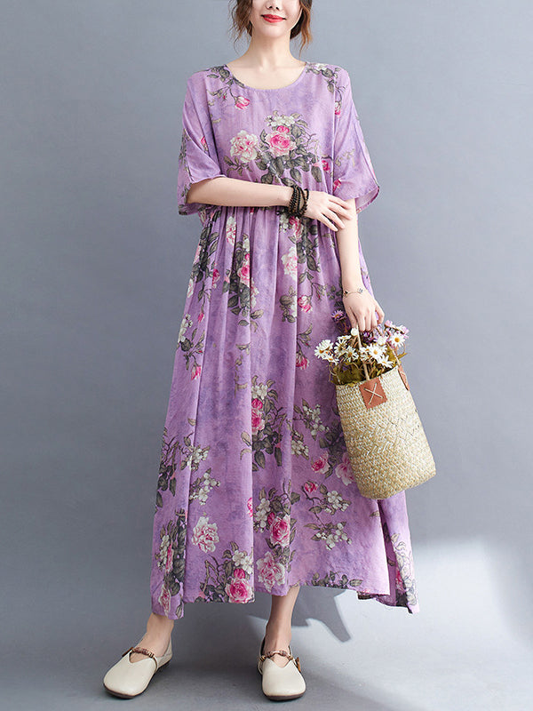 Artistic Retro Loose Pleated Printed Midi Dress