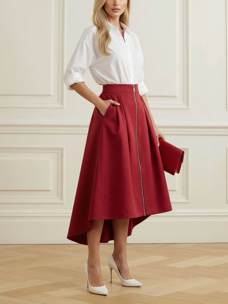 Pleated Pockets Solid Color Zipper A-Line High-Low Skirts Bottoms