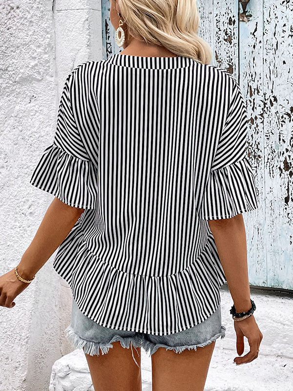 Asymmetric Falbala Pleated Split-Joint Striped Tiered Loose Raglan Sleeve V-Neck Blouses&Shirts Tops