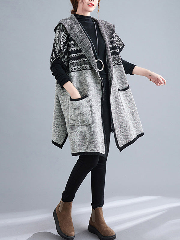 Artistic Retro Loose Casual With Pocket Hooded Short Sleeves Cardigan Outwear