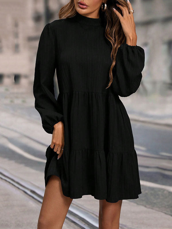 Hollow Pleated Solid Color Split-Joint A-Line Long Sleeves Mock Neck Mini Dresses
