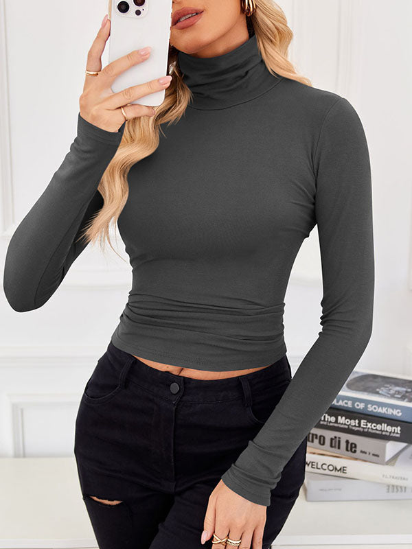 Solid Color Split-Joint Long Sleeves Skinny High Neck T-Shirts