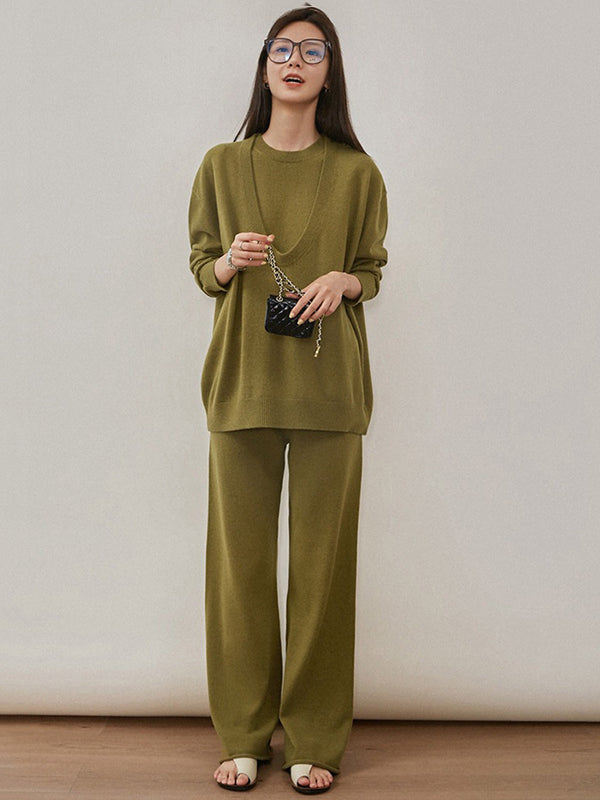 Urban Loose Solid Round-Neck Vest Top& V-Neck Sweater Tops& Wide Leg Pants Three-Piece Set