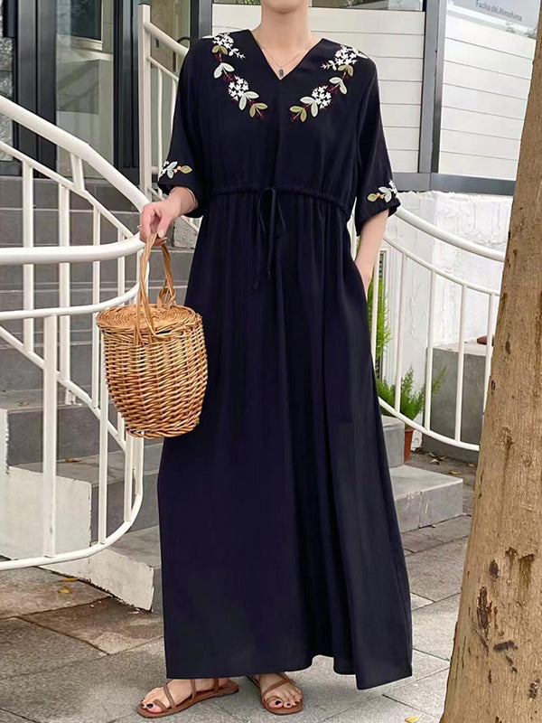 Drawstring Embroidered Split-Joint Half Sleeves Loose V-Neck Maxi Dresses