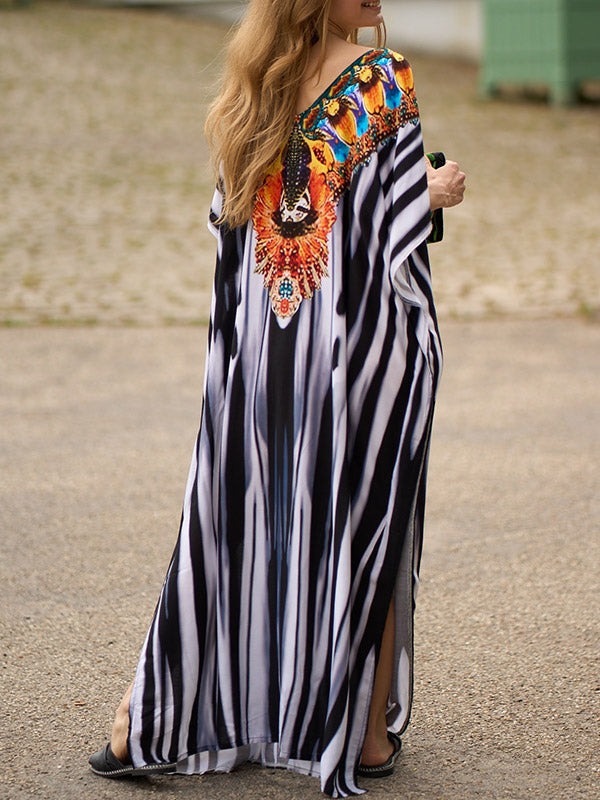 Printed Split-side Striped Batwing Sleeves Loose V-neck Maxi Dresses Beach Cover-Up