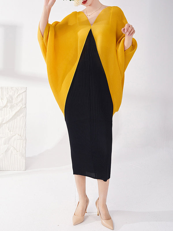 Contrast Color Pleated Batwing Sleeves Loose Round-neck Midi Dresses