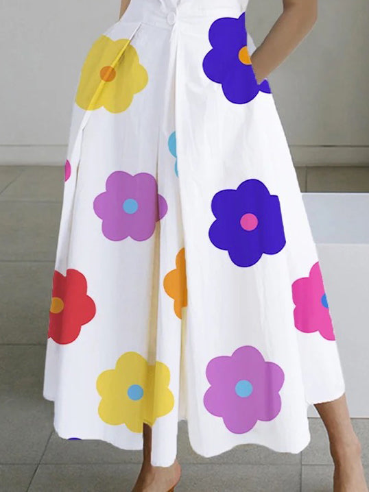Sleeveless Floral Printed Lapel Midi Dresses