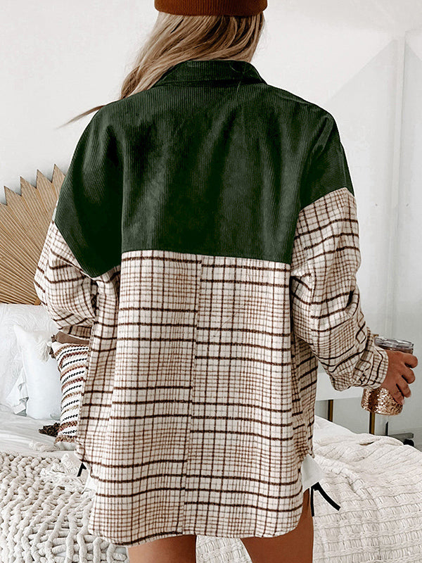 Buttoned Contrast Color Plaid Pockets Split-Joint Long Sleeves Loose Lapel Outerwear Jackets