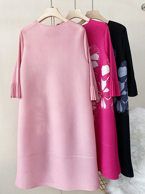 Floral Printed Flared Sleeves Loose Round-neck Midi Dresses