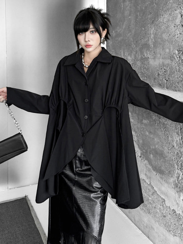 Buttoned Pleated Solid Color Split-Joint High-Low Irregularity Shirt Collar Blouses&Shirts Tops