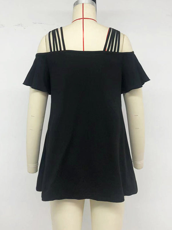 Solid Color Split-Joint Loose Ruffled Short Sleeves Cold shoulder T-Shirts Tops