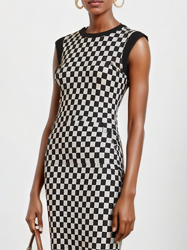 Contrast Color Plaid Pleated Bodycon Mermaid Round-Neck Sweater Dresses Midi Dresses