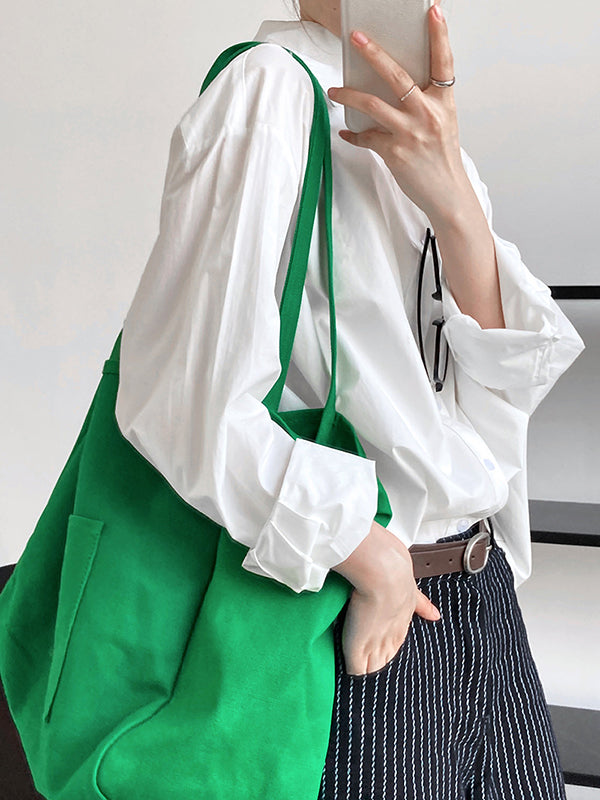 Simple Loose Long Sleeves Buttoned Solid Color Lapel Collar Blouses&Shirts Tops