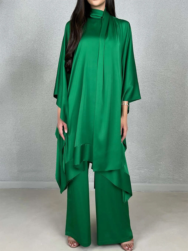 Batwing Sleeves Loose Solid Color Stand Collar T-Shirt Tops&Pants Two Pieces Set