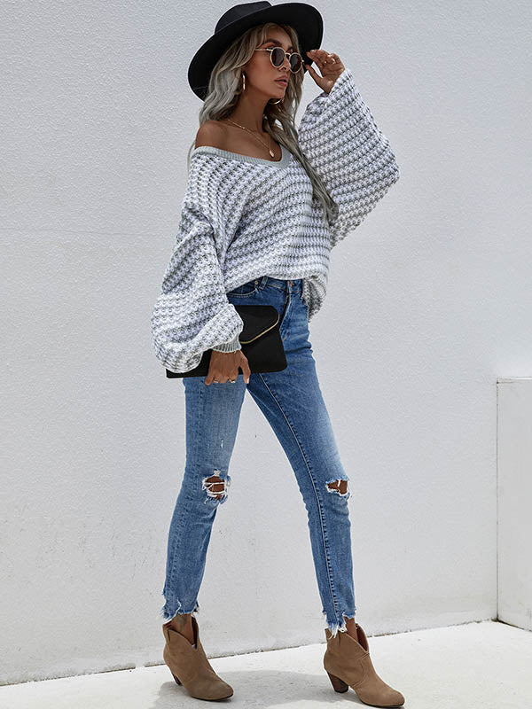 Original Loose Striped 8 Colors V-Neck Long Sleeves Sweater Top