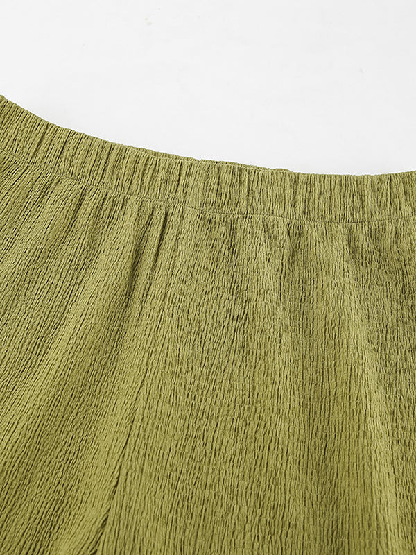 Solid Color Loose Pleated Halter-Neck Vest Top + High Waisted Pants Bottom Two Pieces Set
