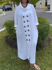Buttoned Solid Color Long Sleeves Loose Stand Collar Maxi Dresses