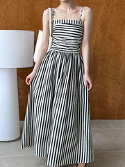 Pleated Split-Joint Striped Loose Sleeveless Spaghetti-Neck Midi Dresses