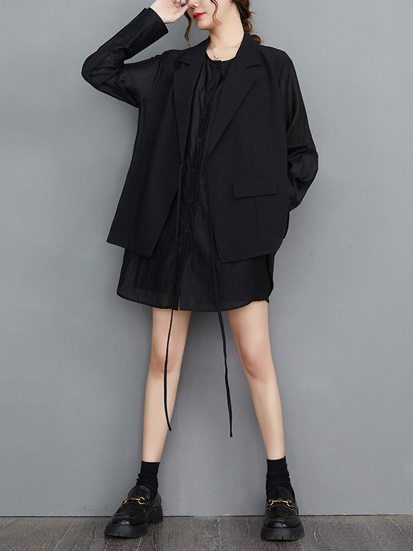 Buttoned Mesh Pockets Solid Color Split-Joint Sun Protection Tied Waist False Two Long Sleeves Notched Collar Outerwear Blazer