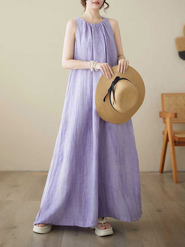 Pleated Solid Color A-Line Loose Round-Neck Midi Dresses