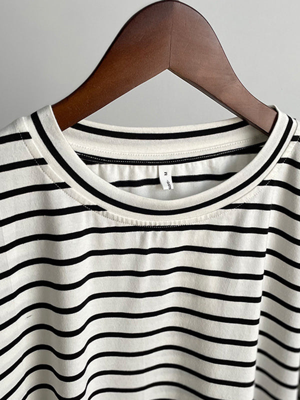 Split-Joint Split-Side Striped Long Sleeves Loose Round-Neck T-Shirts