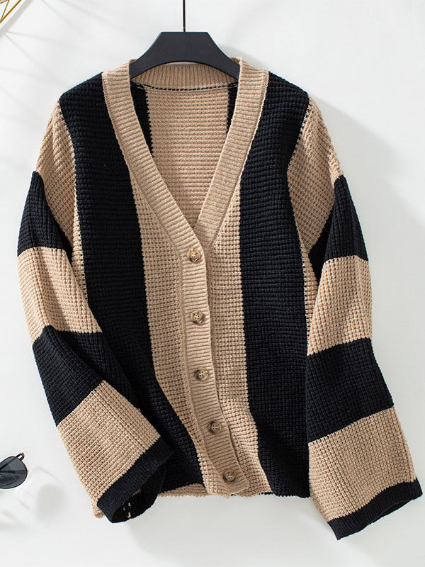 Buttoned Contrast Color Split-Joint Striped Long Sleeves Loose V-Neck Cardigan Tops