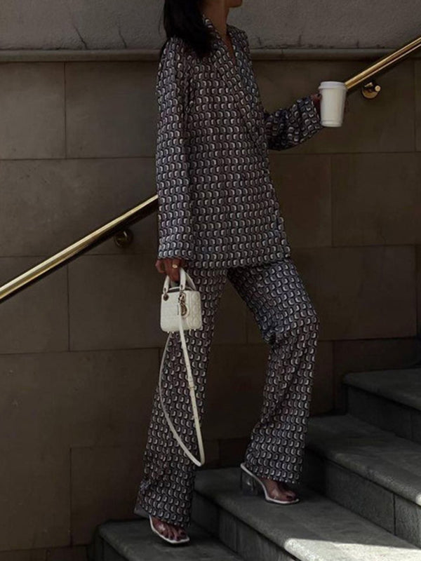 Printed Long Sleeves Lapel Outwear Top + Flared Trousers Bottom Two Pieces Set