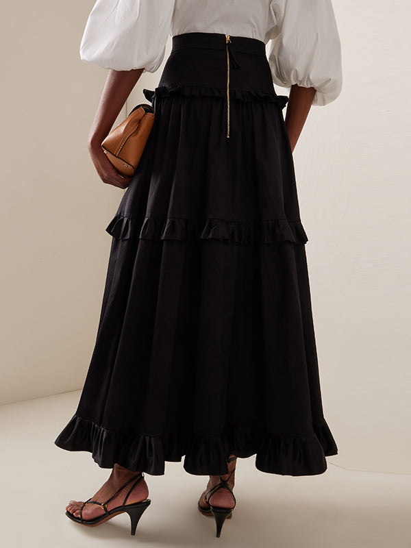 Floral Pleated Solid Color Split-Joint A-Line High Waisted Skirts