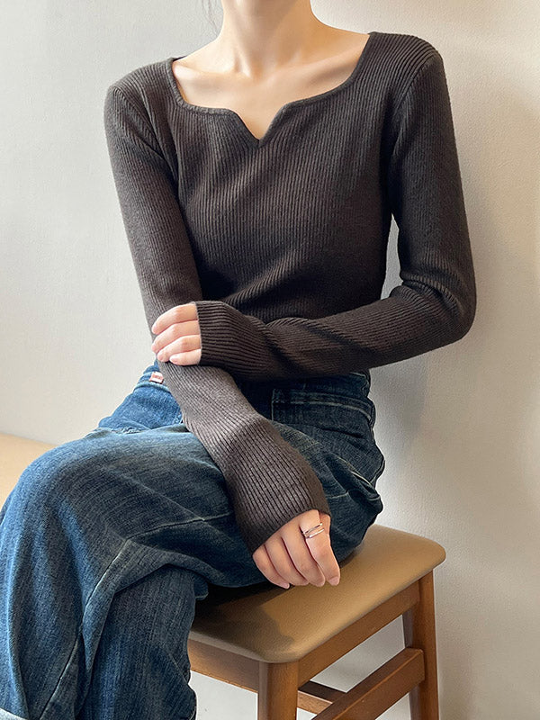 Urban Skinny Long Sleeves Elasticity Solid Color V-Neck Sweater Tops Pullovers