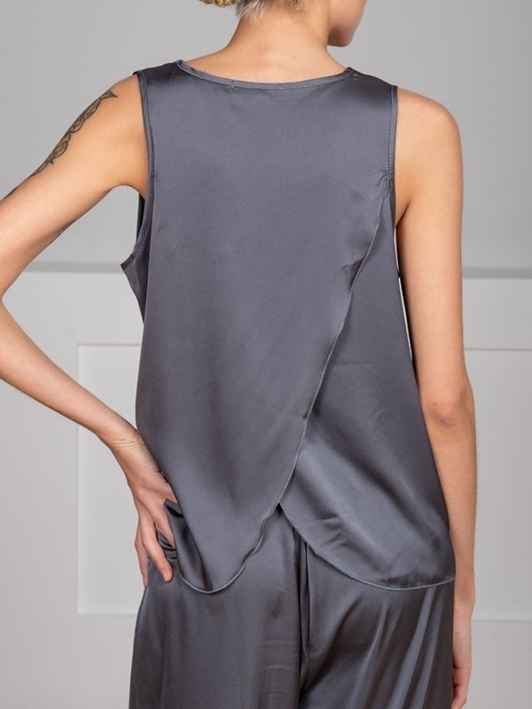 Round-Neck Loose Sleeveless Solid Color Split-Back Vest Top + Elasticity Pants Bottom Pajama Sets