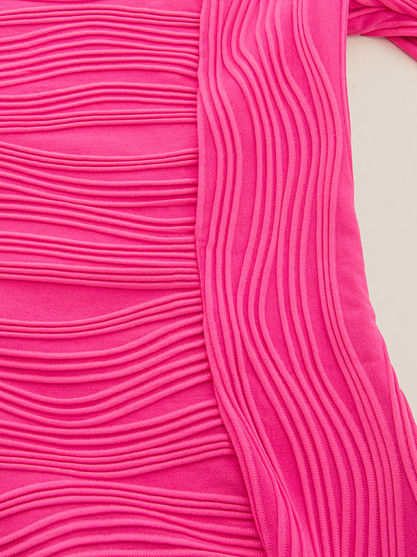 Pleated Solid Color Split-Joint Bodycon Long Sleeves Round-Neck Mini Dresses