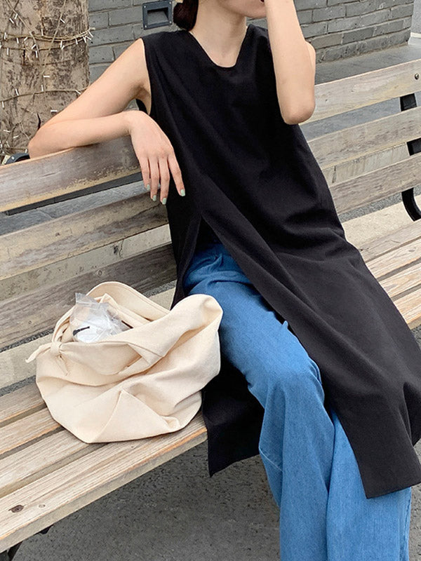Solid Color Split-side Loose Sleeveless V-neck Vest Top