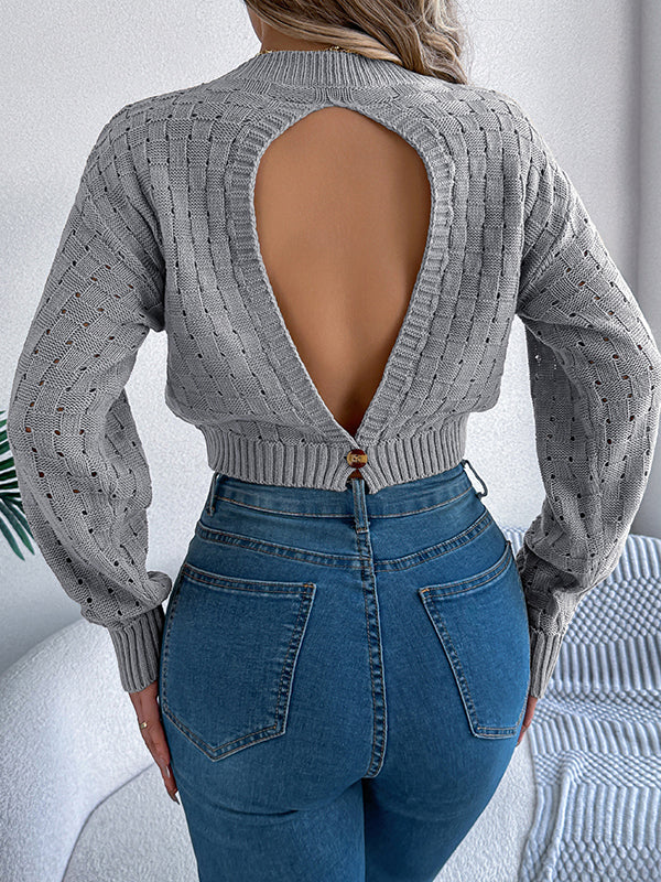 Backless Buttoned Hollow Solid Color Split-Joint Long Sleeves Loose Round-Neck Sweater Tops Pullovers