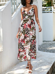 Elasticity Flower Print High Waisted Sleeveless Spaghetti-Neck Midi Dresses