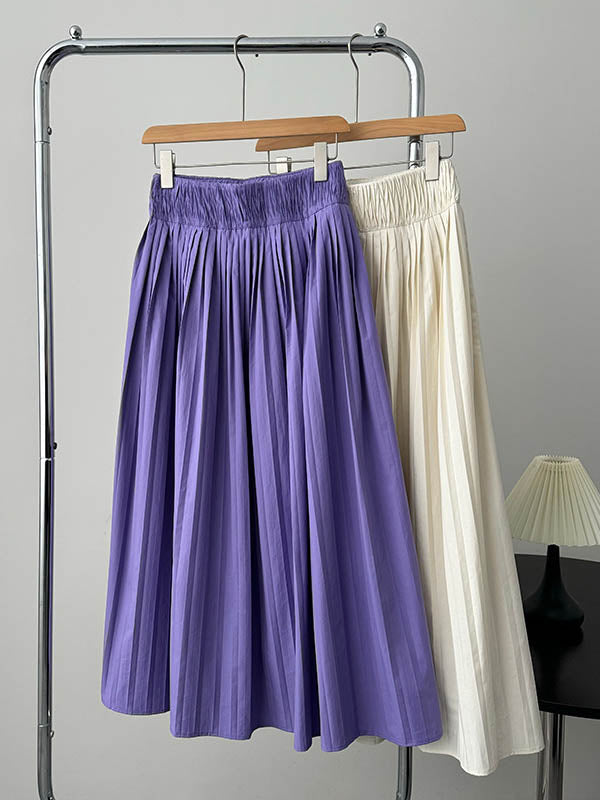 Elasticity Pleated Solid Color A-Line High Waisted Skirts