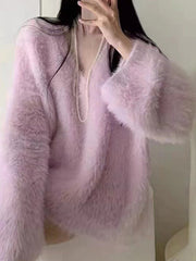 Original Creation Long Sleeves Loose Solid Color V-Neck Sweater Tops