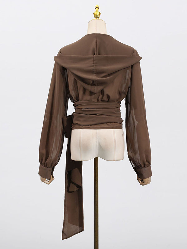 Pleated See-Through Solid Color Tied Waist Long Sleeves Loose Hooded Blouses&Shirts Tops