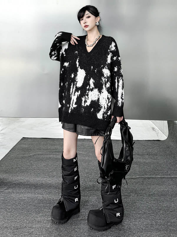 Abstract Printed Contrast Color Ribs Split-Joint Long Sleeves Loose V-Neck Sweater Tops