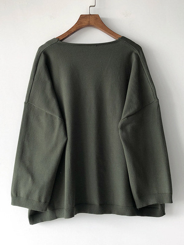 Artistic Retro Solid Color Buttoned V-Neck Long Sleeves Cardigan Top