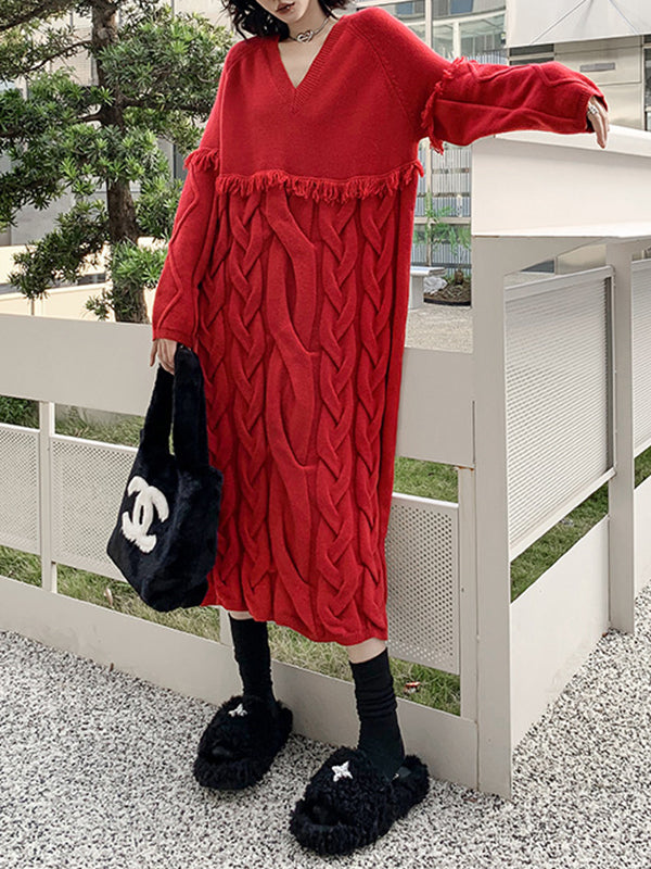 Solid Color Split-Joint Tasseled Long Sleeves Loose V-neck Sweater Dresses Midi Dresses