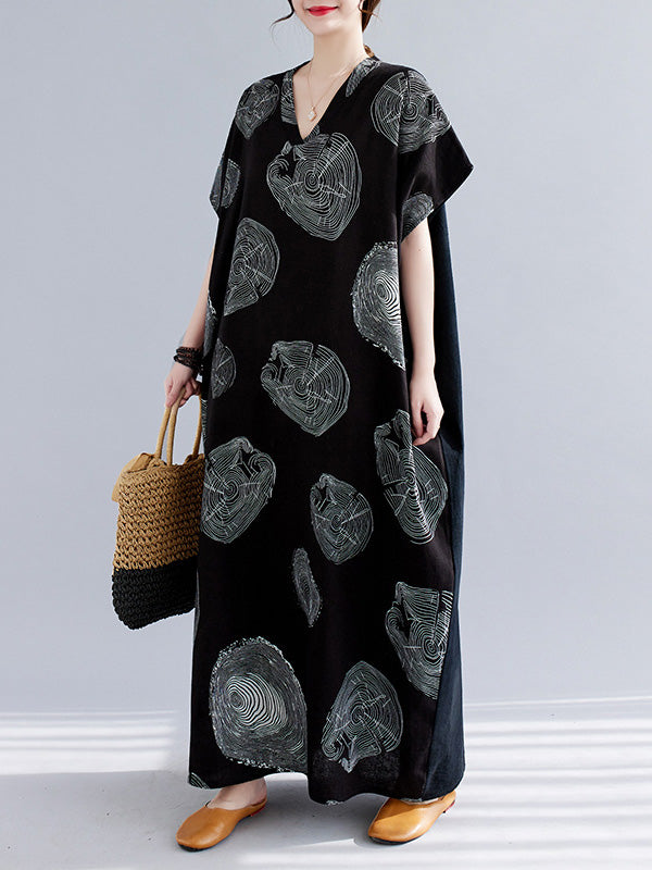 Casual Short Sleeves Loose Contrast Color Printed V-Neck Maxi Dresses
