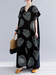 Casual Short Sleeves Loose Contrast Color Printed V-Neck Maxi Dresses