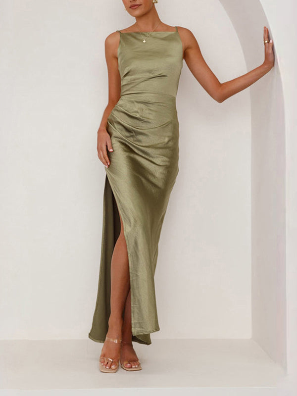 Pleated Solid Color Split-Joint Split-side Sleeveless Spaghetti-Neck Midi Dresses