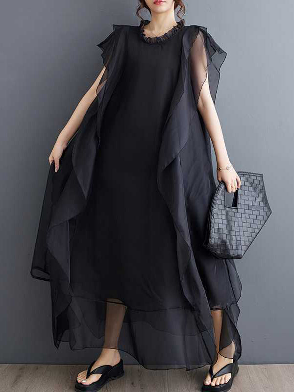 Falbala Ruffled Solid Color Loose Ruffle Sleeves Round-neck Midi Dresses