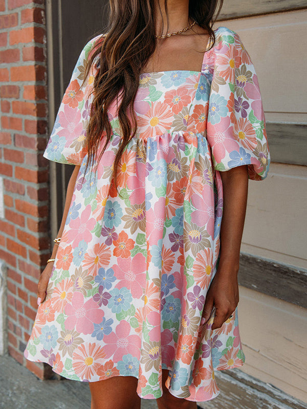 Elasticity Flower Print Pleated Split-Joint Zipper A-Line High Waisted Square-Neck Mini Dresses