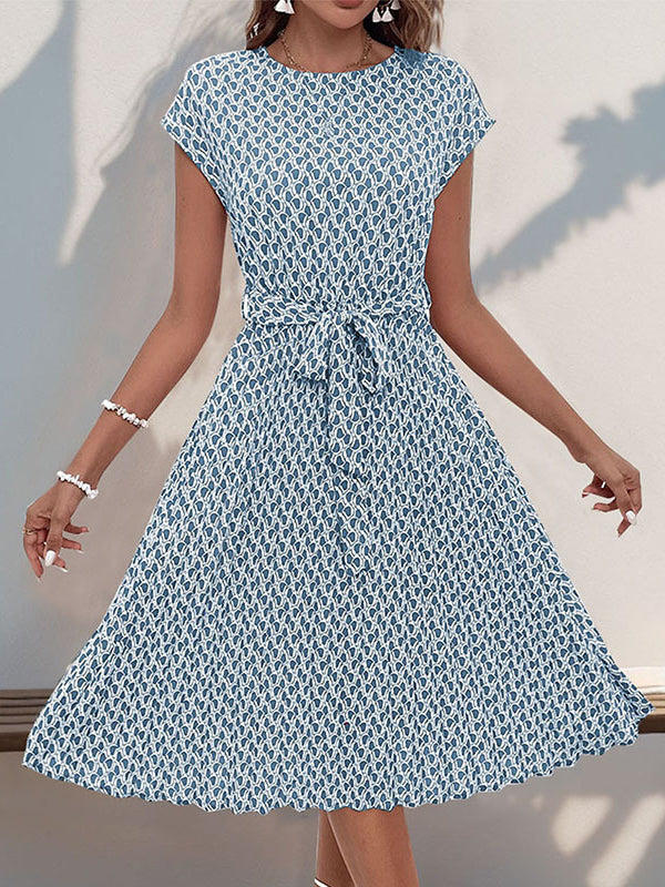 Printed Tied Waist Loose Raglan Sleeve Round-Neck Midi Dresses