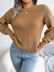 Cable Knit Solid Color Long Sleeves Loose Round-Neck Sweater Tops