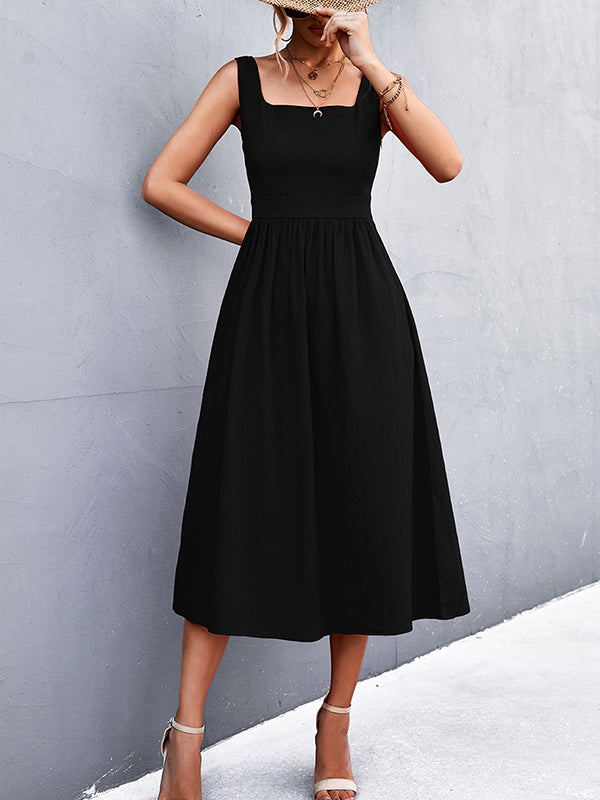 Pleated Solid Color Split-Joint High Waisted Sleeveless U-Neck Midi Dresses